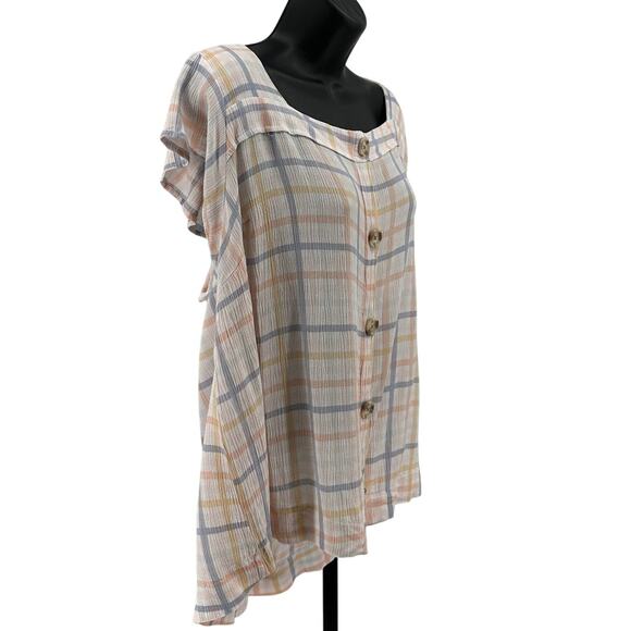 Angels Forever Young Blouse WMNS 2X Checkered Button Up Cream Pink Square Neck - Picture 2 of 7